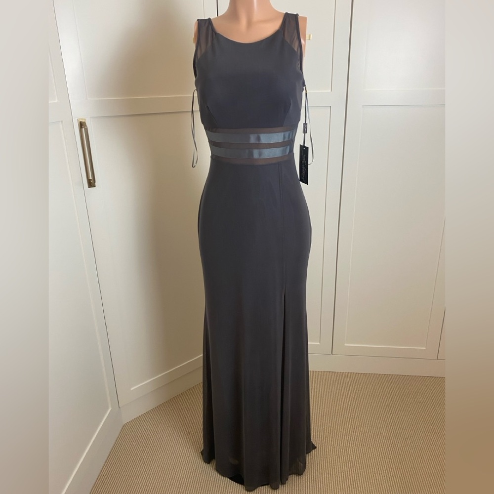 La Femme Black Sheer Panel Evening Gown